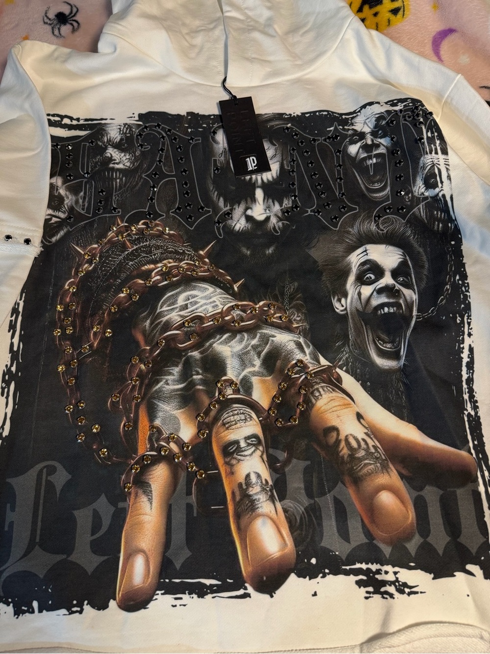 Left Point White Graphic Men's Hoodie with Studded Horror Chain Print